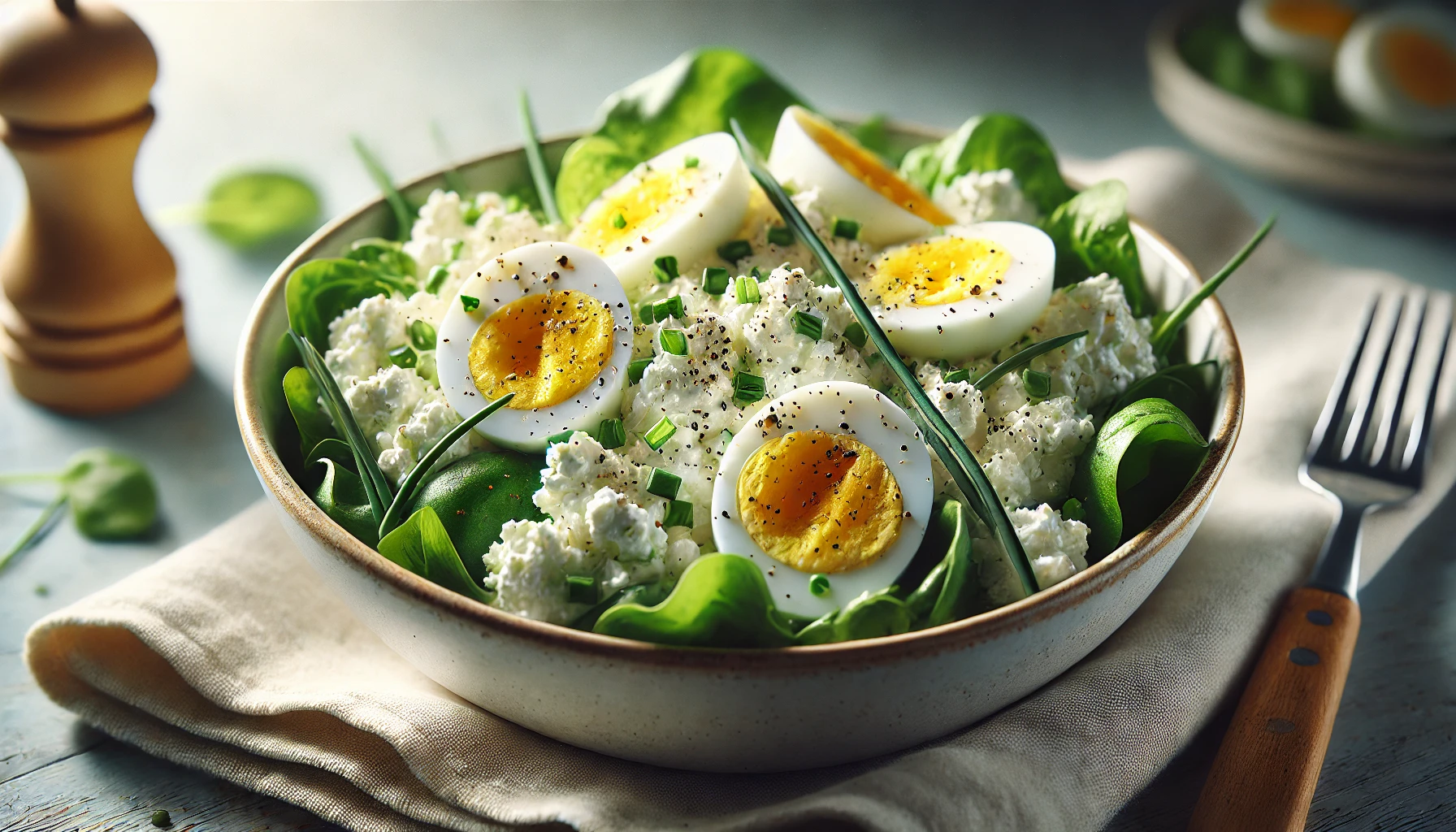 Cottage Cheese Egg Salad with boiled eggs, greens, and chives in a bowl.