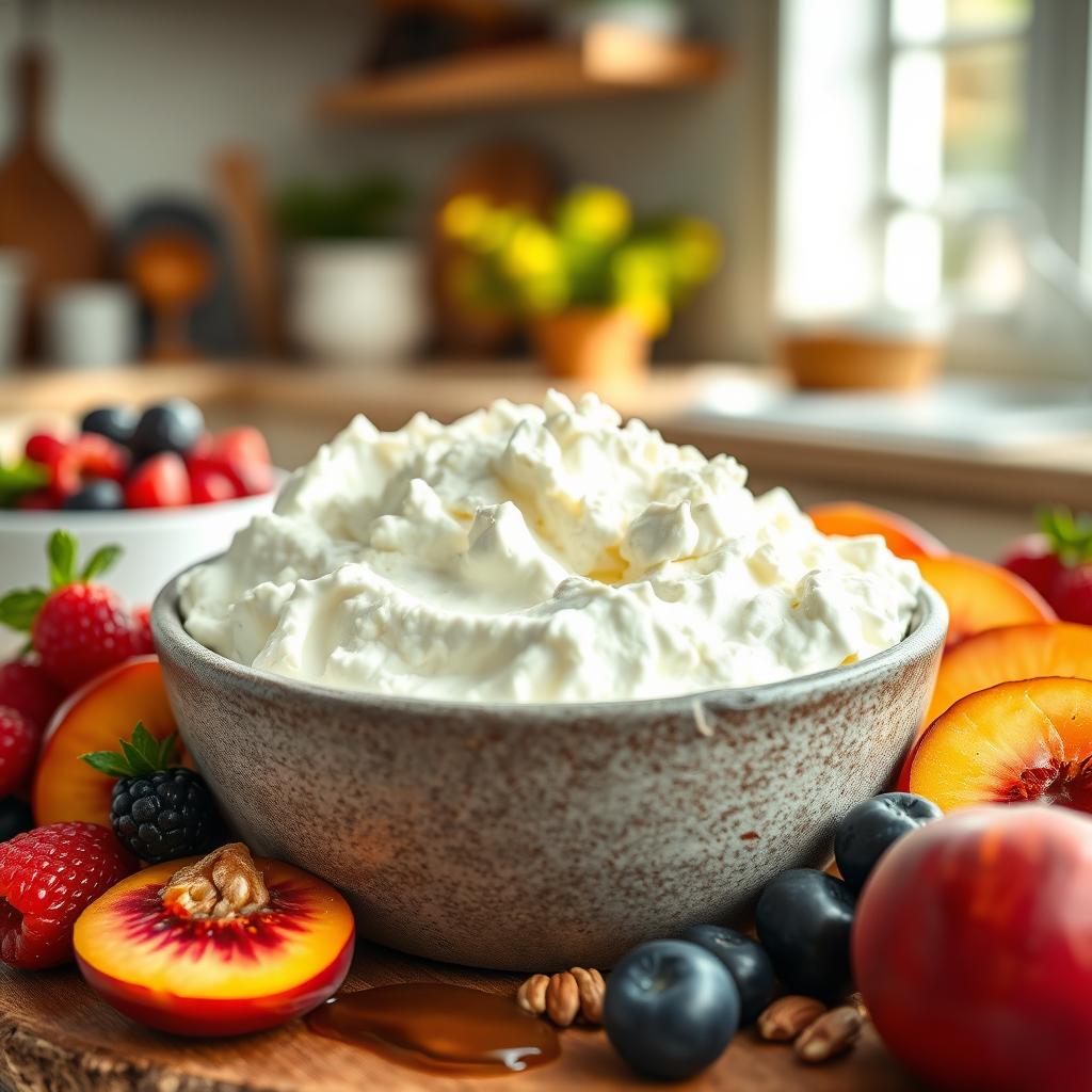 Rustic bowl of cottage cheese, berries, sliced peaches, honey, and nuts in cozy kitchen