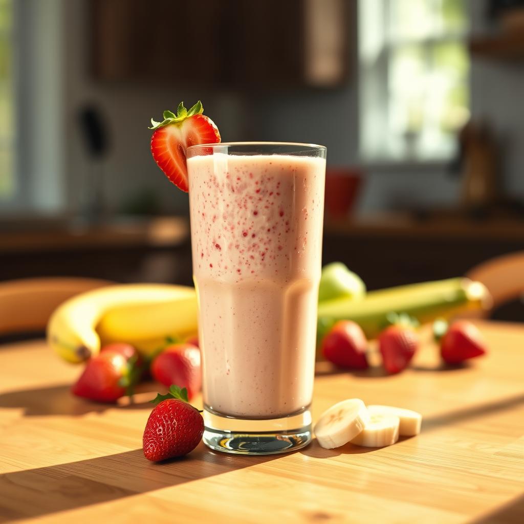 Creamy strawberry banana smoothie in a glass, garnished with fresh strawberry, surrounded by fruits.