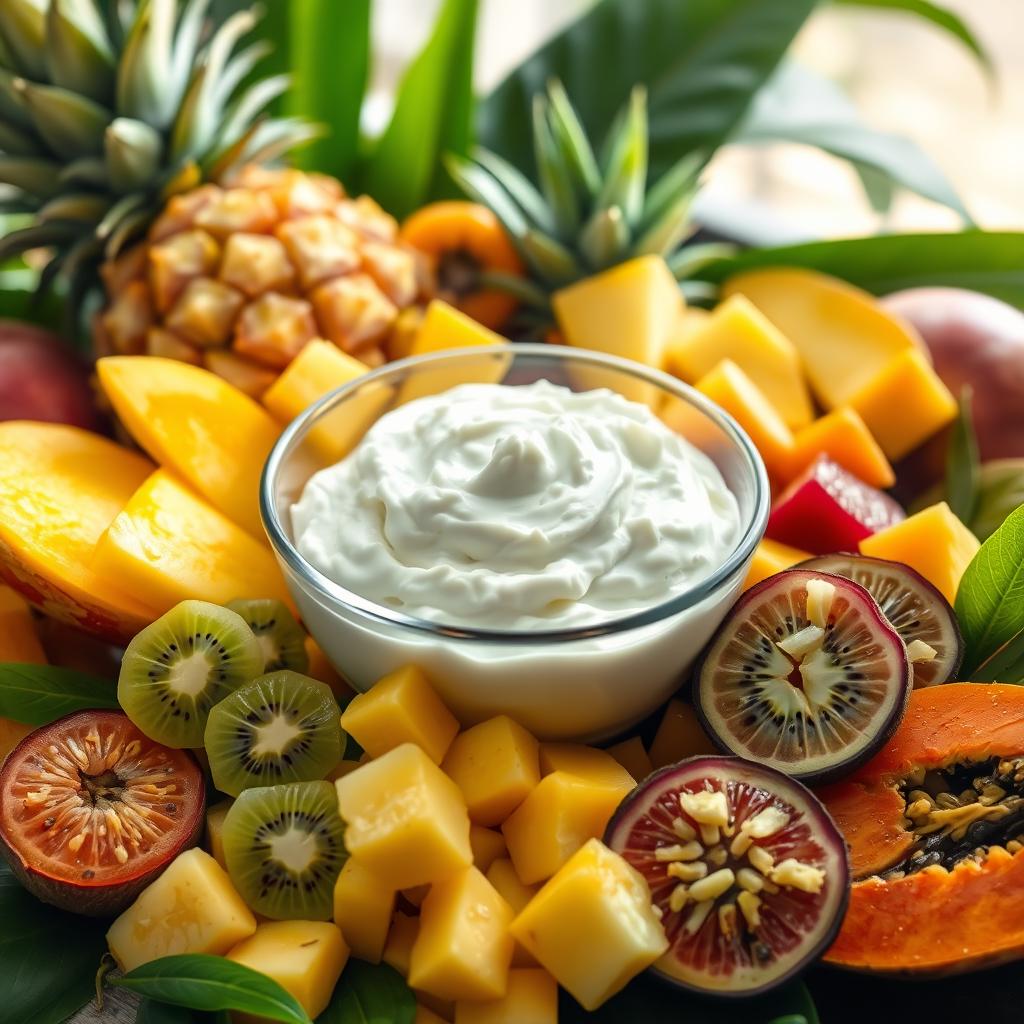 A colorful platter of fresh tropical fruits with a bowl of yogurt dip.