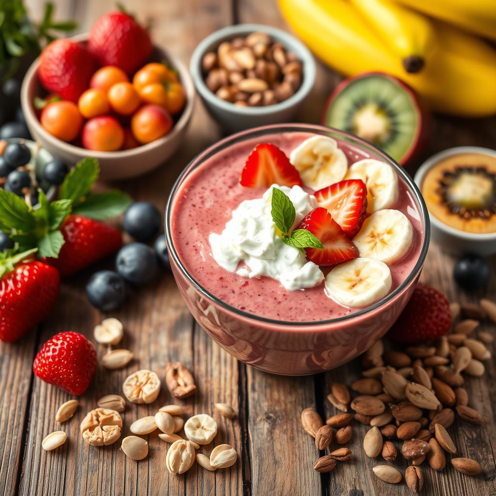 A healthy smoothie bowl with strawberries, bananas, cottage cheese, fruits, nuts, and seeds.