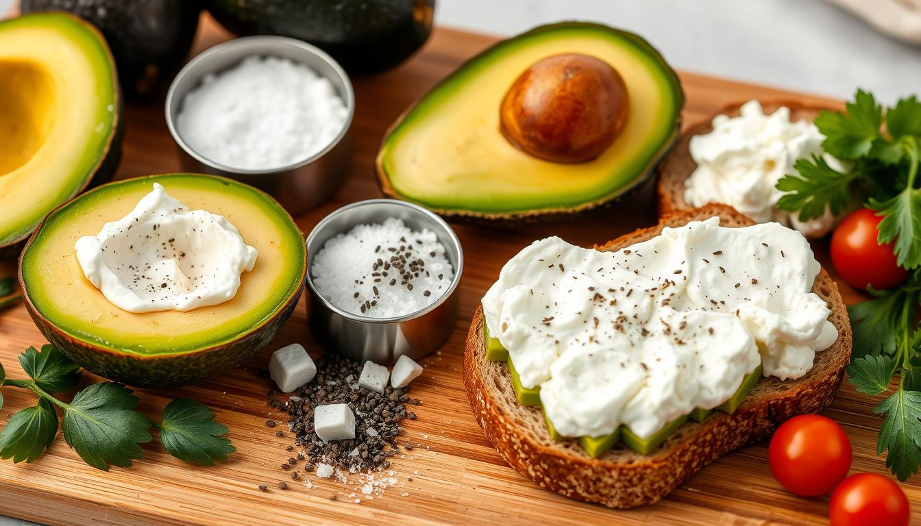 A wooden board with sliced avocado, cream, salt, pepper, and toast topped with creamy avocado spread.