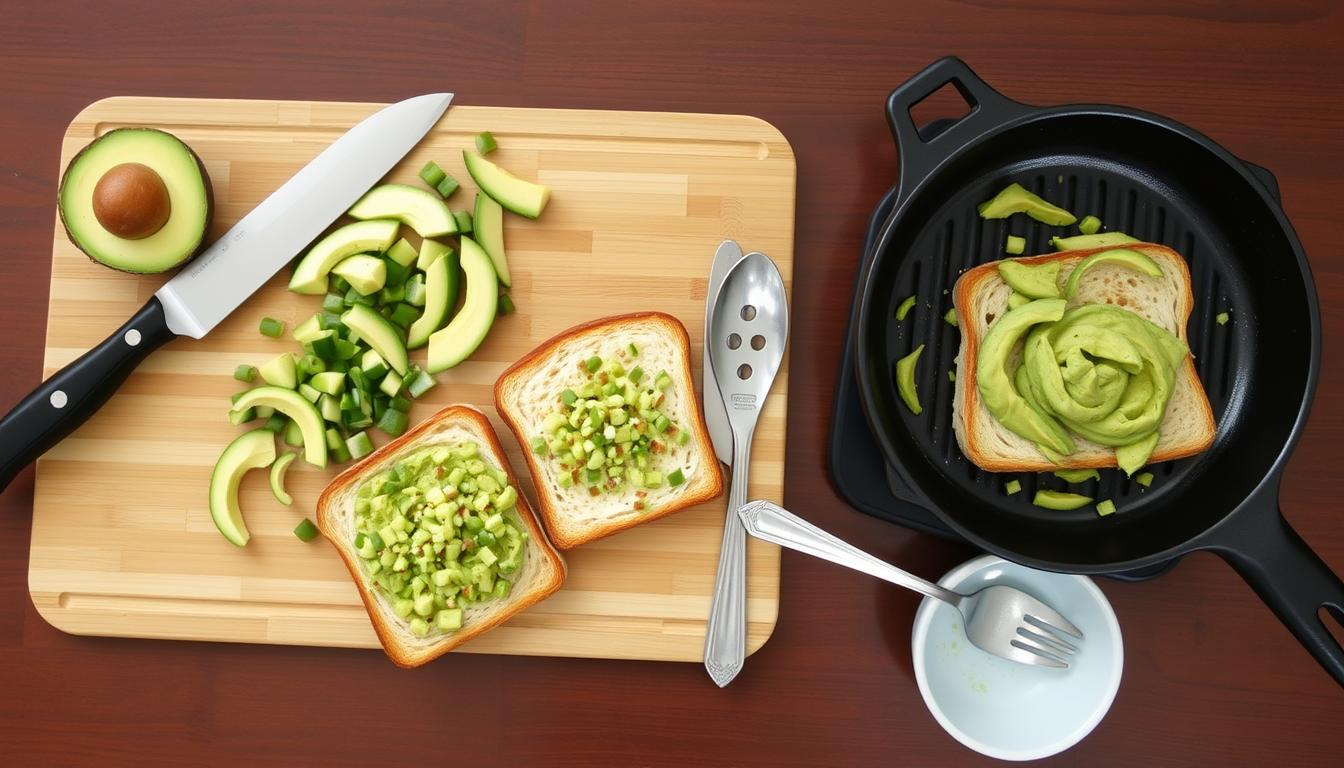 Fresh avocado slices and chopped green vegetables prepared on a cutting board, with bread being topped for avocado toast.