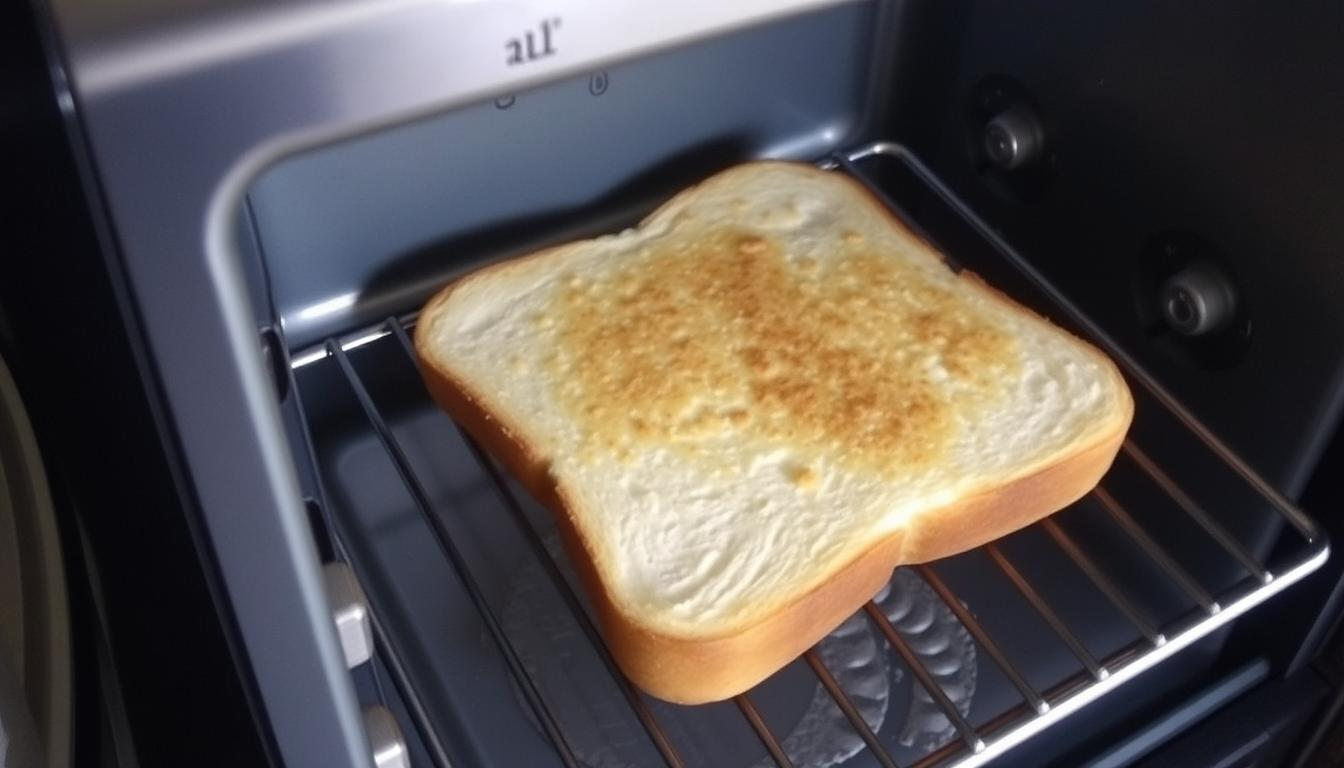 A slice of bread toasting inside an oven, showing a golden-brown crust.