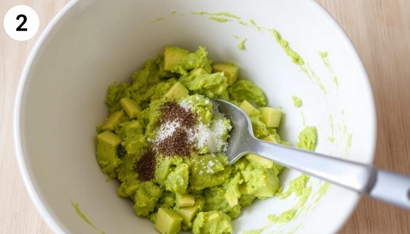 A white bowl with mashed avocado, salt, pepper, and a spoon for mixing.