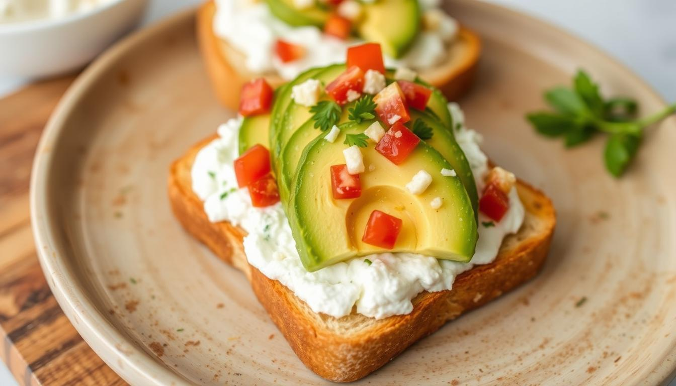 Toast with creamy avocado slices, diced tomatoes, and cream cheese on a plate.