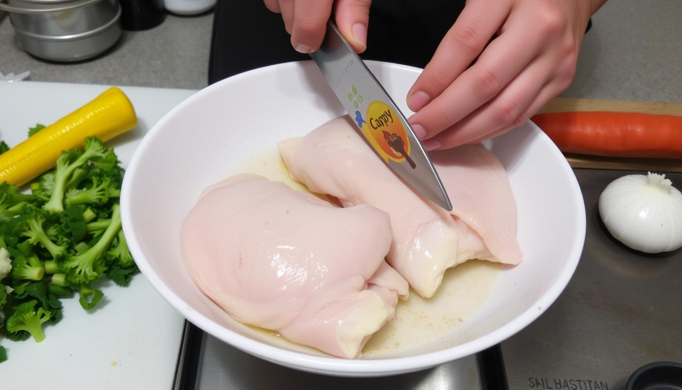 A person slicing raw chicken breast with a knife in a white bowl, surrounded by fresh vegetables like broccoli, carrot, and onion, in a kitchen setting.