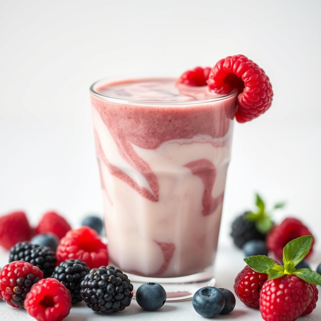 A beautifully swirled berry and cottage cheese smoothie in a glass, garnished with fresh raspberries, surrounded by blackberries, blueberries, and mint leaves on a white surface.