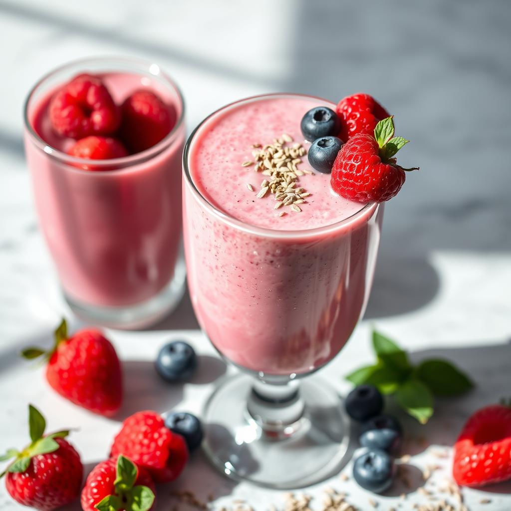 A creamy berry and cottage cheese smoothie in a glass, topped with fresh raspberries, blueberries, flax seeds, and a sprig of mint, with another smoothie and fresh berries in the background on a marble surface.