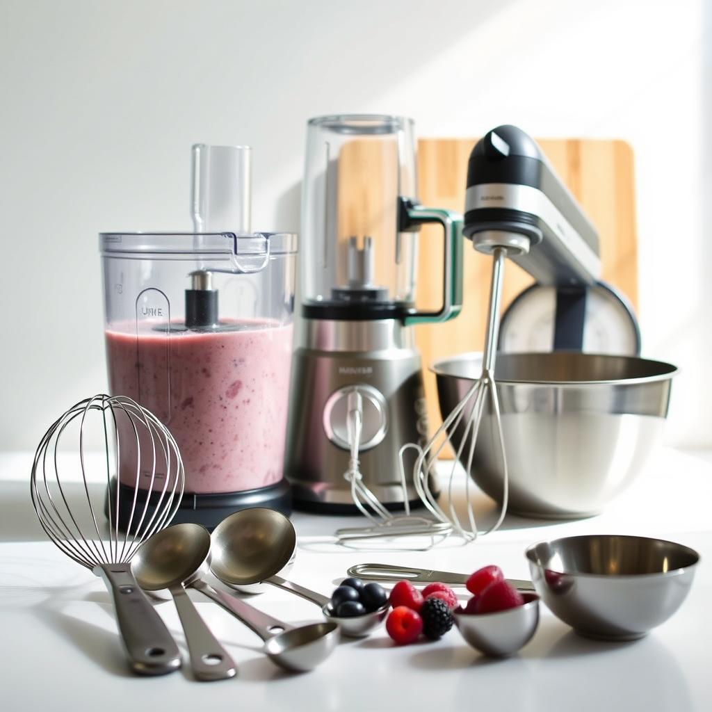 Kitchen tools and ingredients for making a berry cottage cheese smoothie, including a blender, mixing bowl, measuring spoons, whisk, and fresh berries.