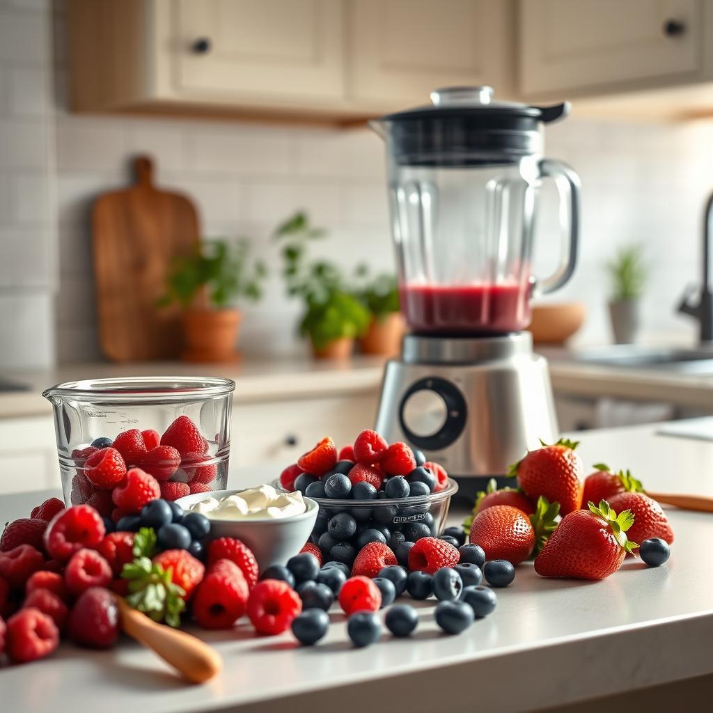  Fresh berries, yogurt, and a blender on a kitchen counter, ready for making a smoothie.