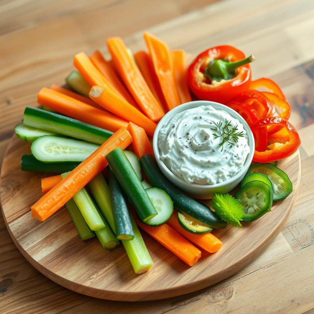 A wooden platter with fresh vegetable sticks, including carrots, cucumbers, celery, and bell peppers, served with a creamy cottage cheese dip garnished with herbs.