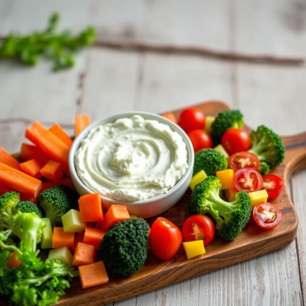 A wooden serving board with fresh vegetables, including carrots, broccoli, cherry tomatoes, and cheese cubes, alongside a bowl of creamy cottage cheese dip.