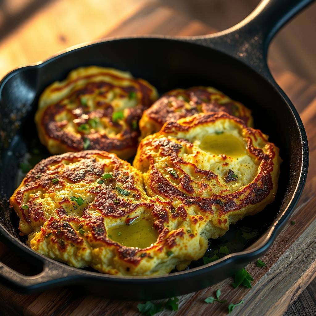 Cottage cheese and zucchini fritters in a cast iron skillet, garnished with fresh herbs.