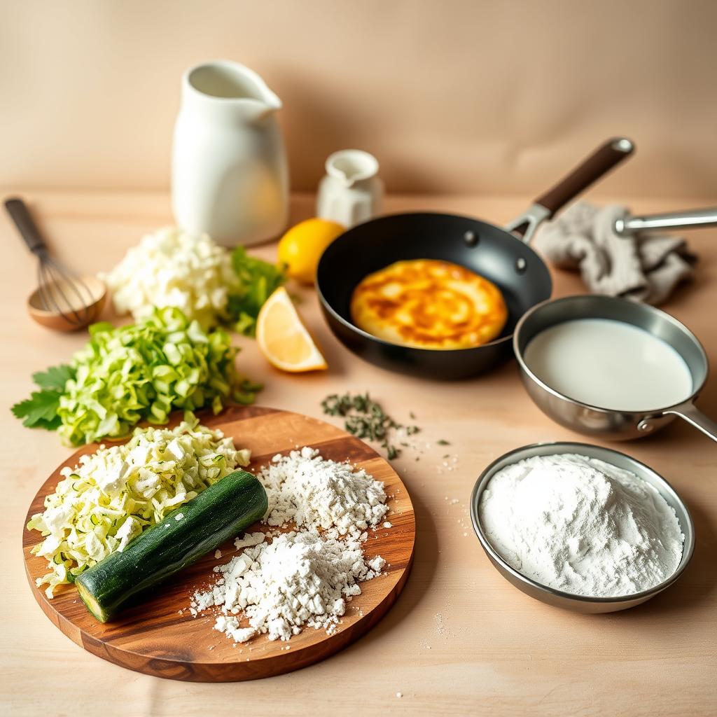 Ingredients for cottage cheese and zucchini fritters: shredded zucchini, cottage cheese, flour, lemon, herbs