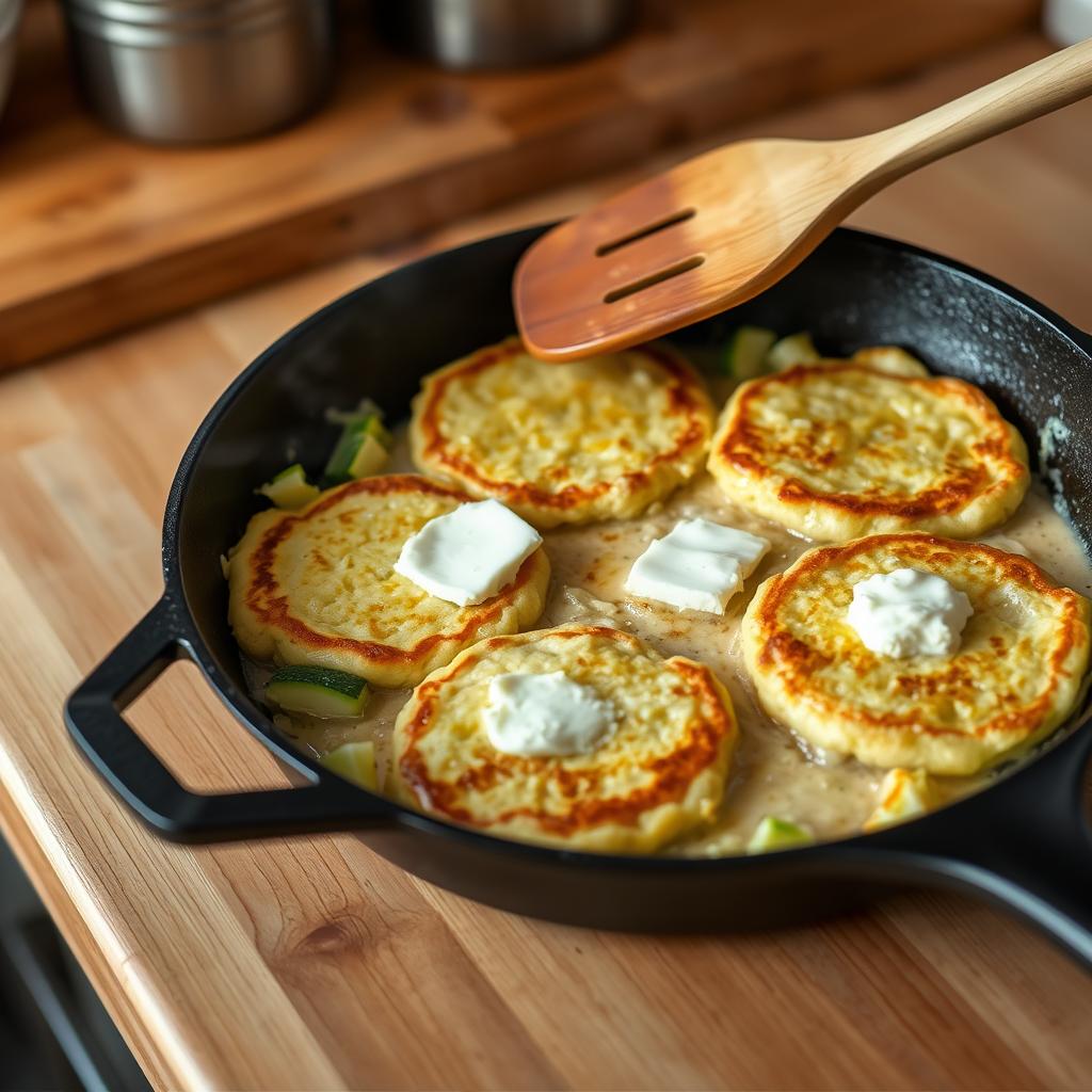 Cooked cottage cheese and zucchini fritters in a cast iron skillet, topped with dollops of white sauce.