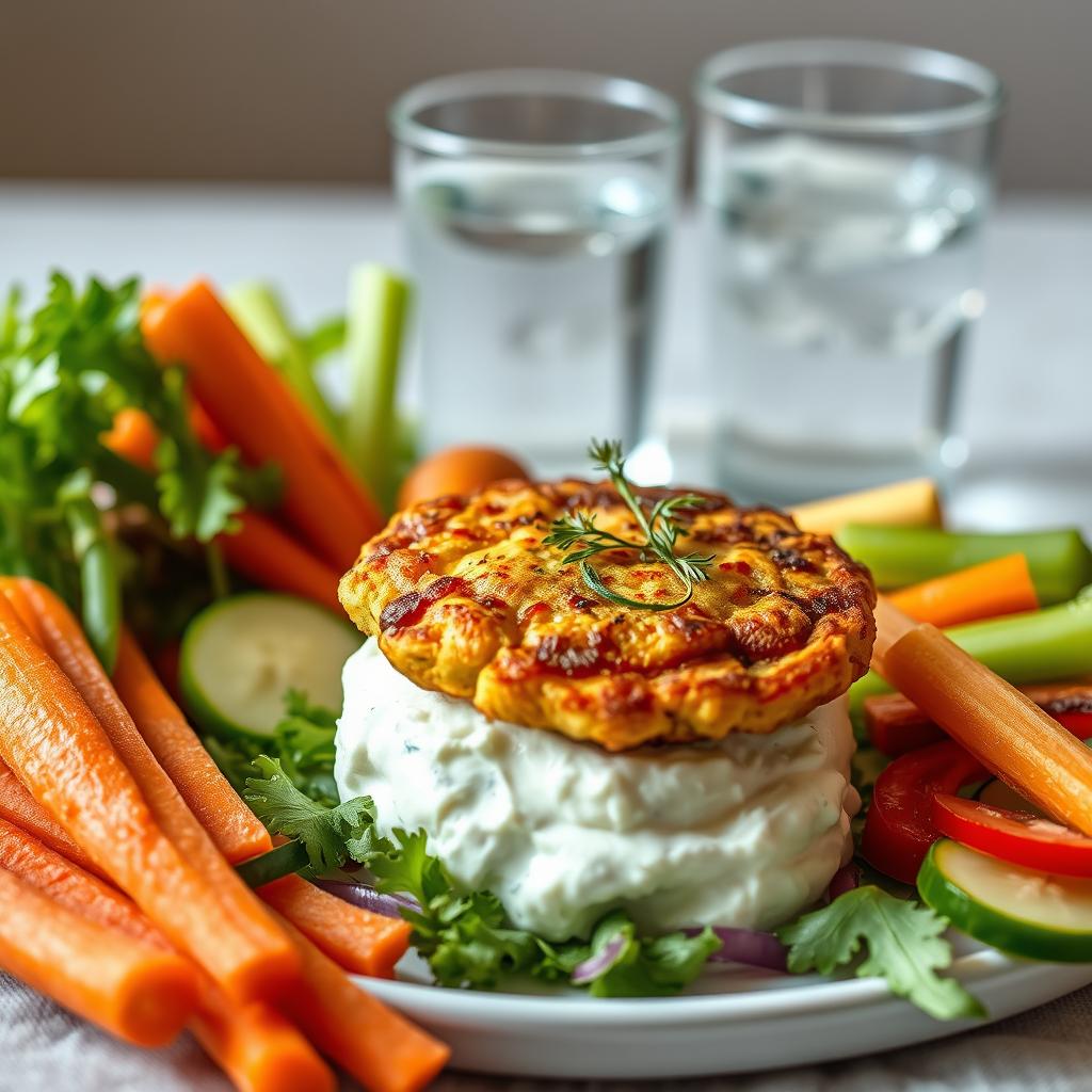  Healthy cottage cheese and zucchini fritters served with raw vegetables and a creamy dip.