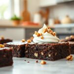 Rich, dark chocolate brownies with visible walnuts and a creamy swirl of whipped topping, set against a bright kitchen backdrop