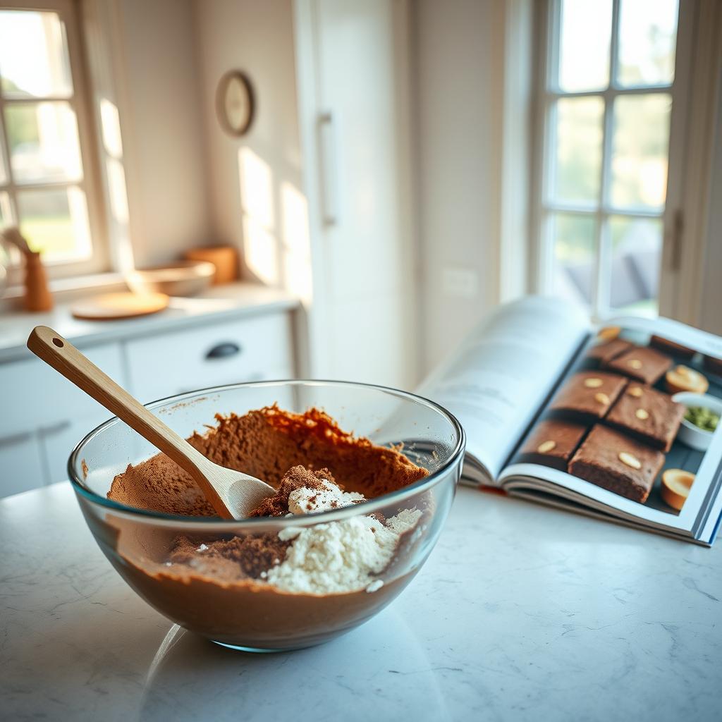 A clear glass bowl filled with brownie batter ingredients: cocoa powder, flour, sugar, and a dollop of cottage cheese. A wooden spoon rests inside the bowl. In the background, an open cookbook displays a finished brownie recipe, and a bright kitchen is visible.