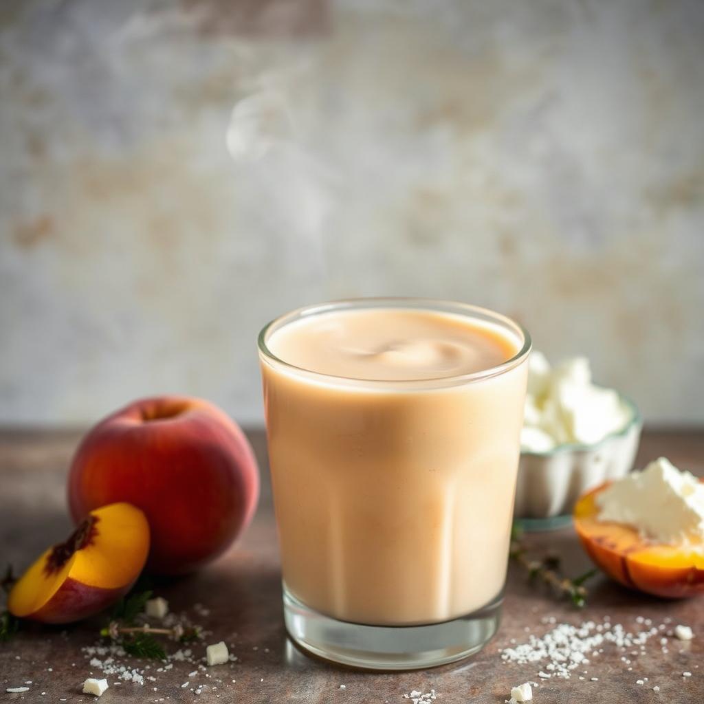  A glass of creamy peach cottage cheese smoothie on a rustic surface, surrounded by fresh peaches, cottage cheese, and small cheese crumbles.