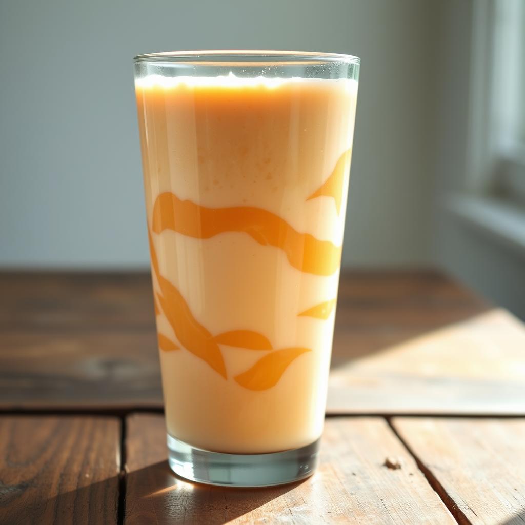 A tall glass of peach cottage cheese smoothie with artistic peach puree swirls, placed on a rustic wooden table near a sunlit window.