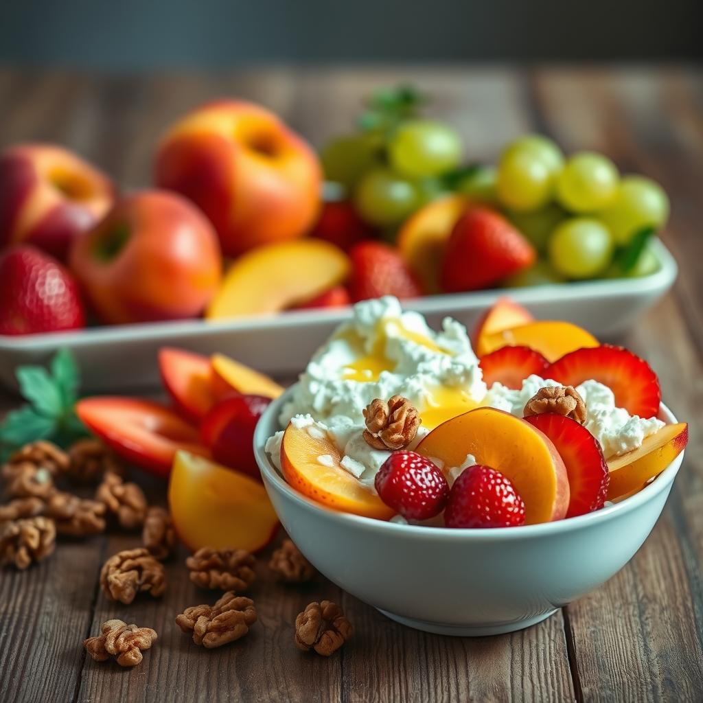 A bowl of cottage cheese with sliced peaches, strawberries, and walnuts, accompanied by grapes and apples, all arranged on a rustic wooden table.