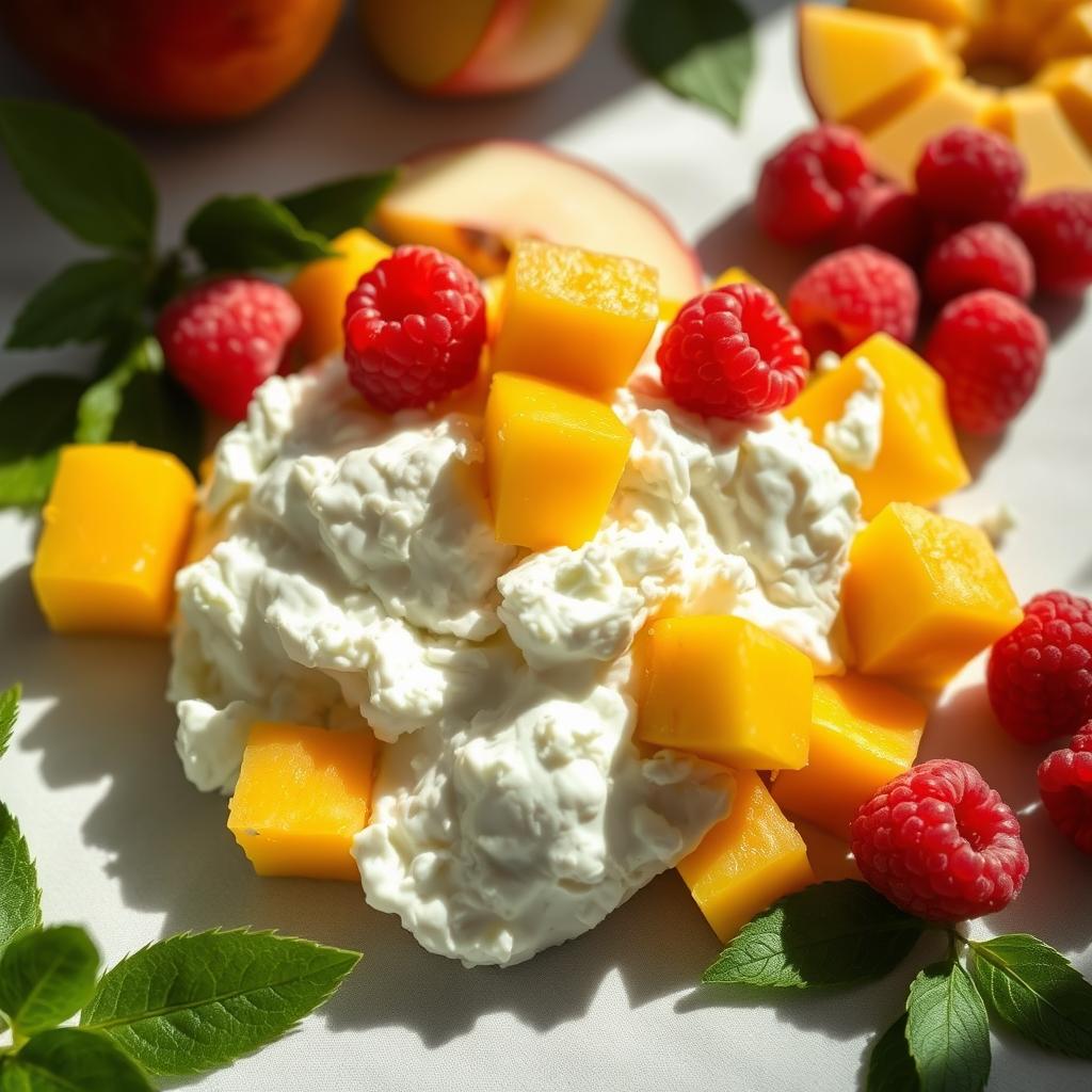 A mound of cottage cheese topped with mango chunks and raspberries, surrounded by fresh mint leaves and peach slices.