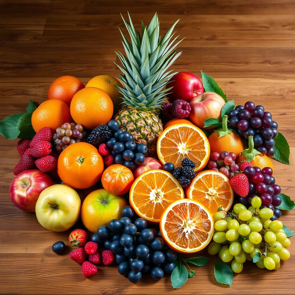 A still life image of a collection of fresh fruits on a light brown wooden table. The fruits include whole and sliced oranges, red and green apples, bunches of red and green grapes, a whole pineapple with its green leaves, a small mandarin orange, blackberries, raspberries, and strawberries.