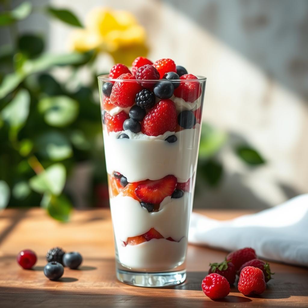 Delicious cottage cheese parfait layered with fresh fruits, granola, and honey in a glass