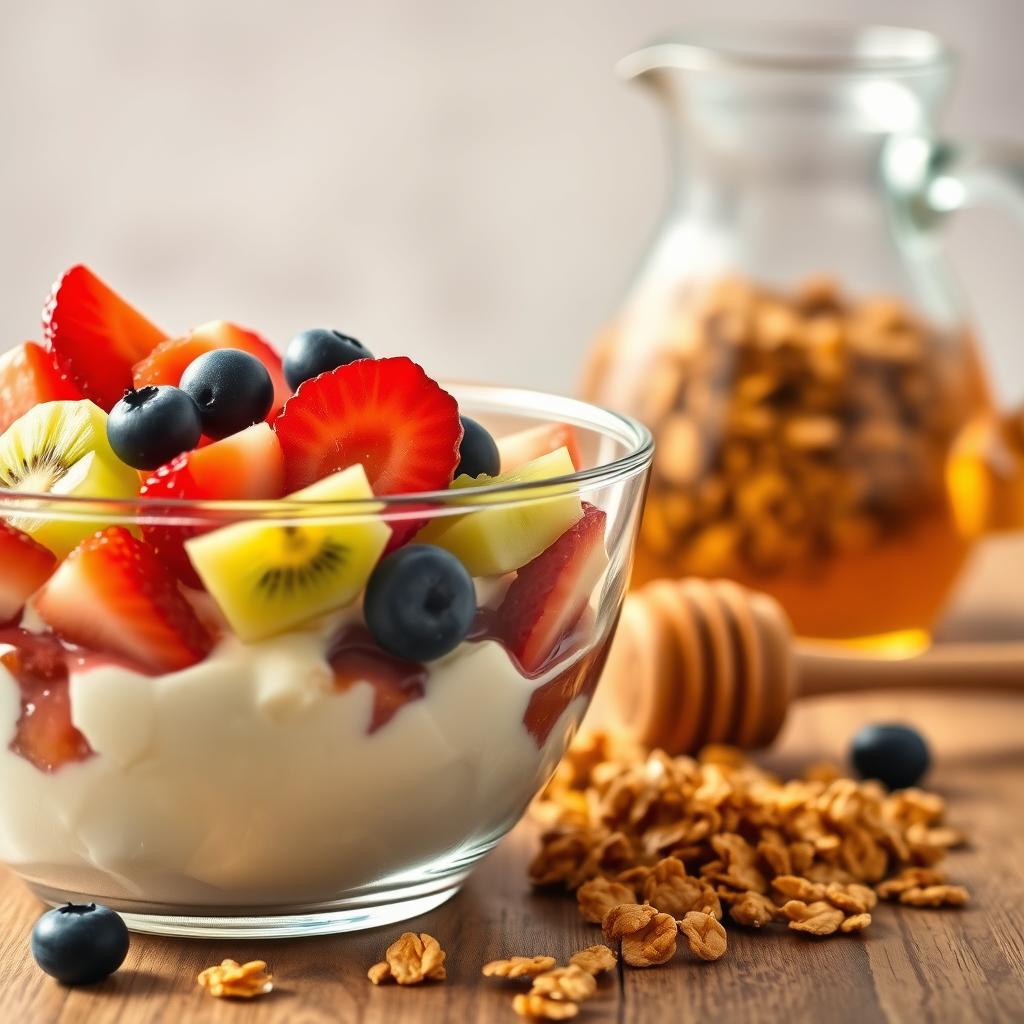 Fresh cottage cheese parfait ingredients including strawberries, blueberries, kiwi, granola, and honey in a glass bowl.