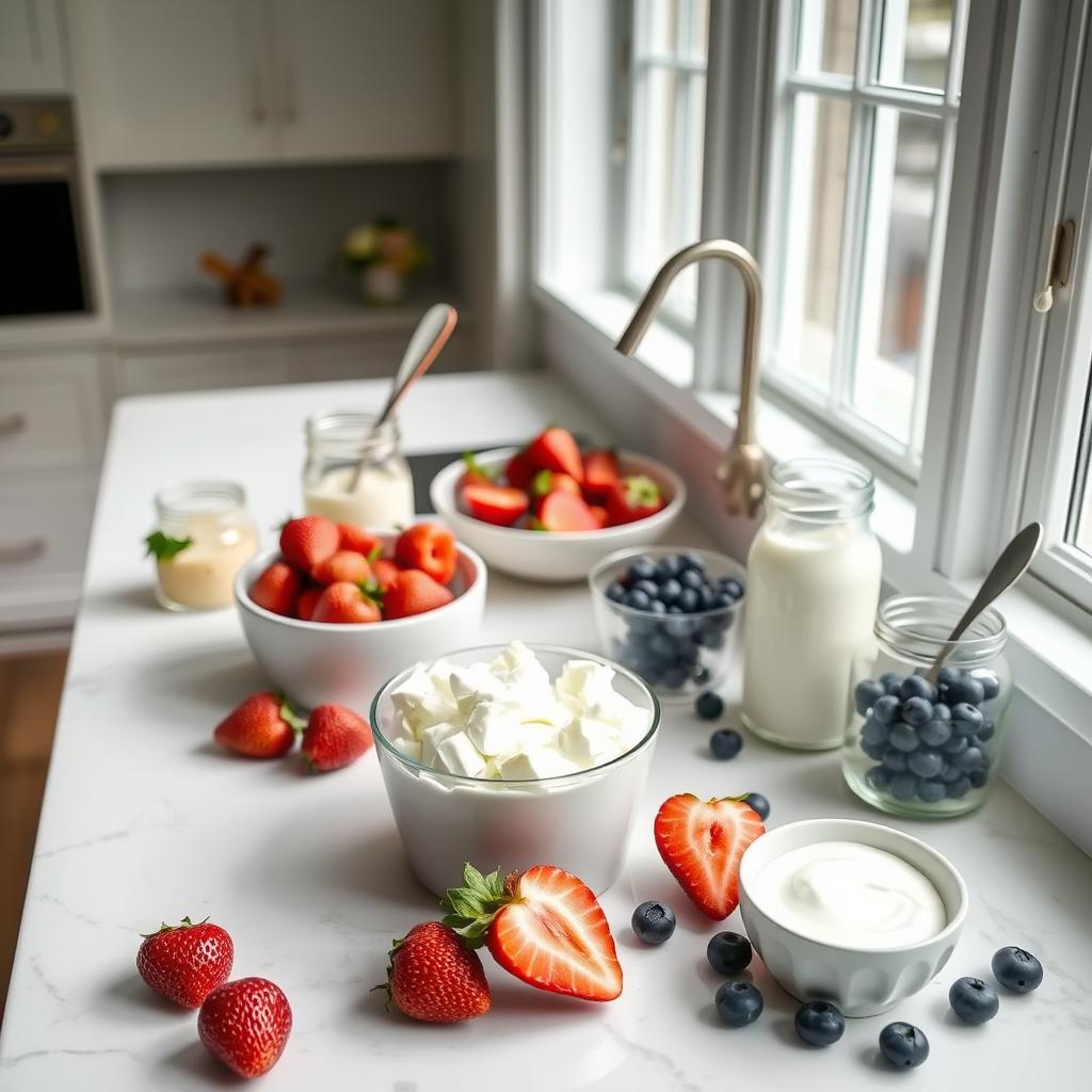  Ingredients for a cottage cheese parfait laid out on a white countertop: bowls of fresh strawberries, blueberries, cottage cheese, yogurt, and small jars of honey, with a window and kitchen sink in the background.