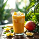 A tall glass filled with a bright yellow mango smoothie, layered with white cottage cheese and topped with mango chunks, sits on a rustic wooden table surrounded by lime wedges, a mango, and green leaves.