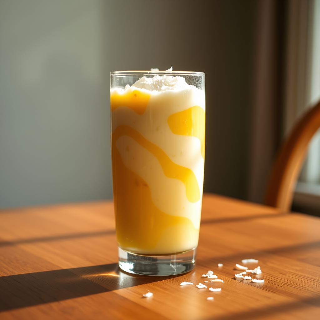 A tall, clear glass with a layered smoothie of bright yellow mango swirls and a creamy white base