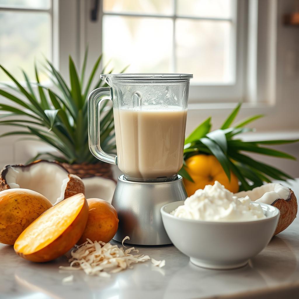 A blender sits on a kitchen counter, surrounded by mangoes, coconut halves, shredded coconut, cottage cheese in a white bowl,