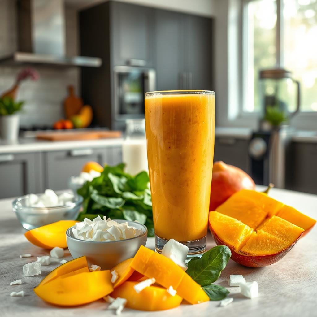 A tall glass of vibrant orange mango smoothie 