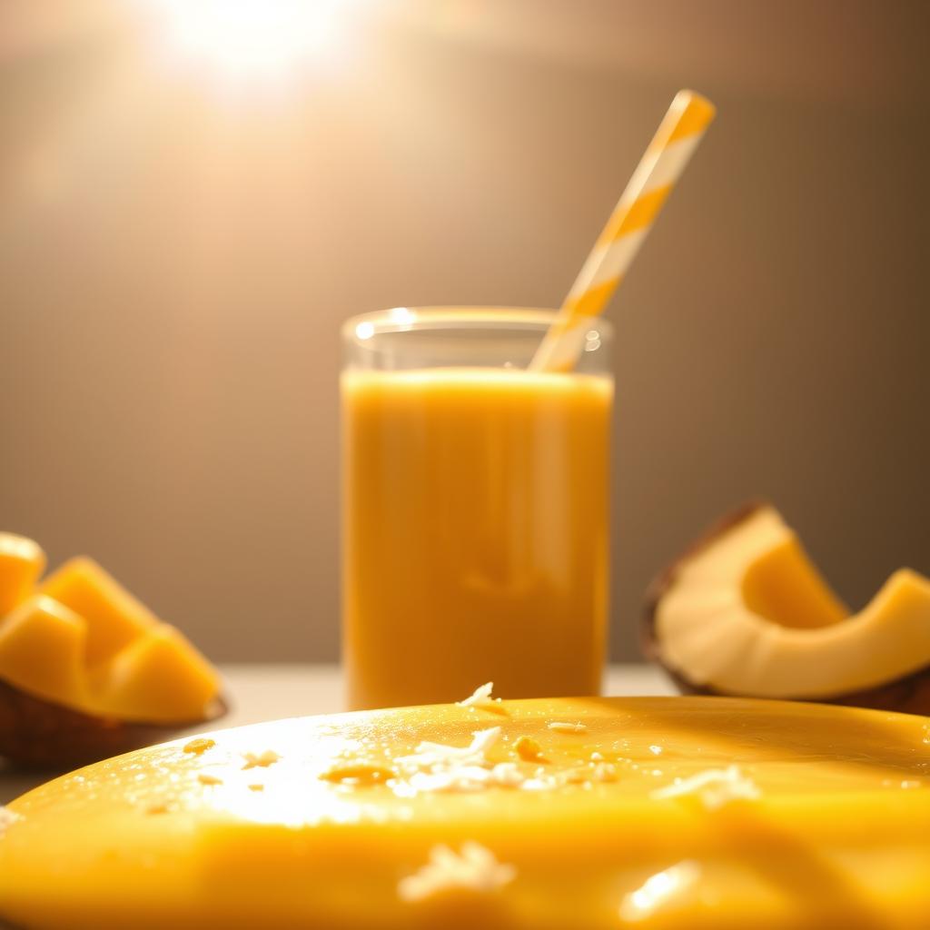 A close-up of a bright yellow mango smoothie 