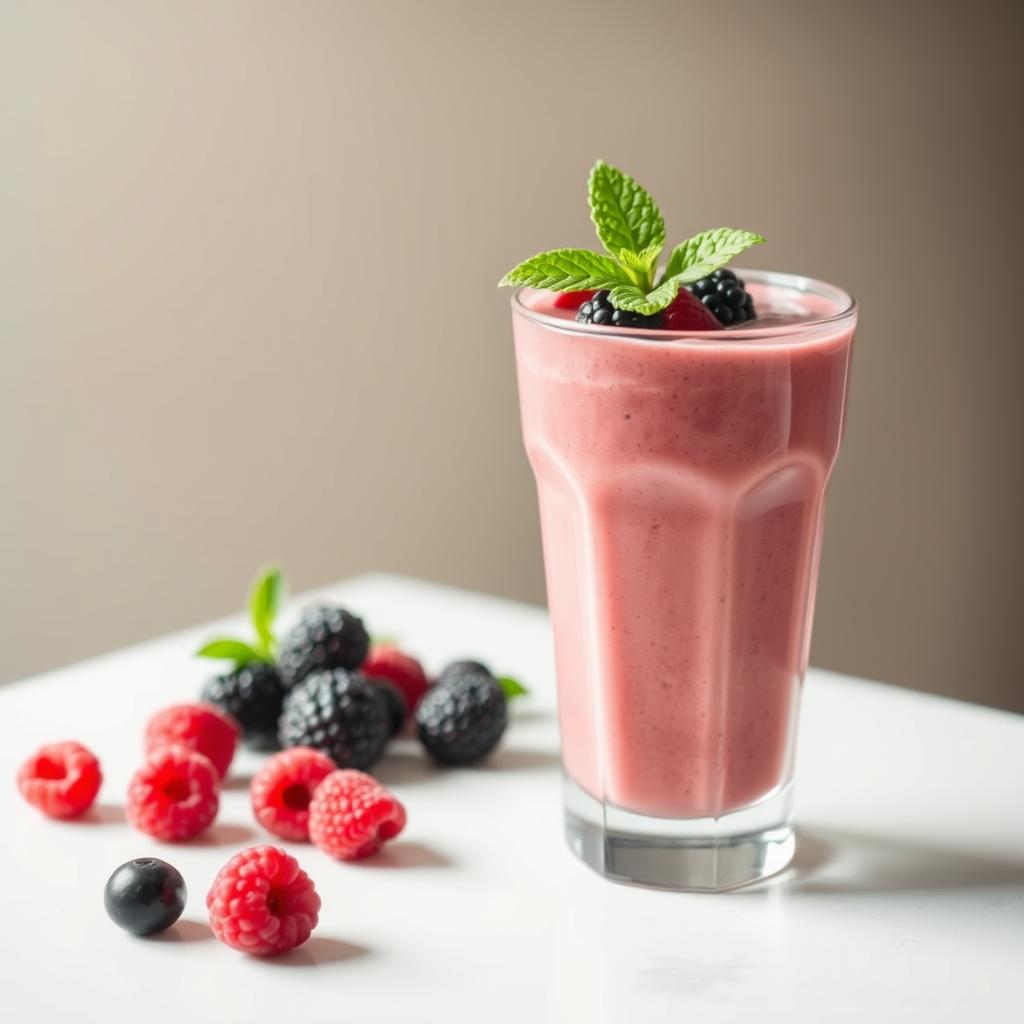 A creamy berry smoothie in a tall glass, garnished with fresh blackberries, raspberries, and mint leaves, placed on a white surface with scattered berries around.