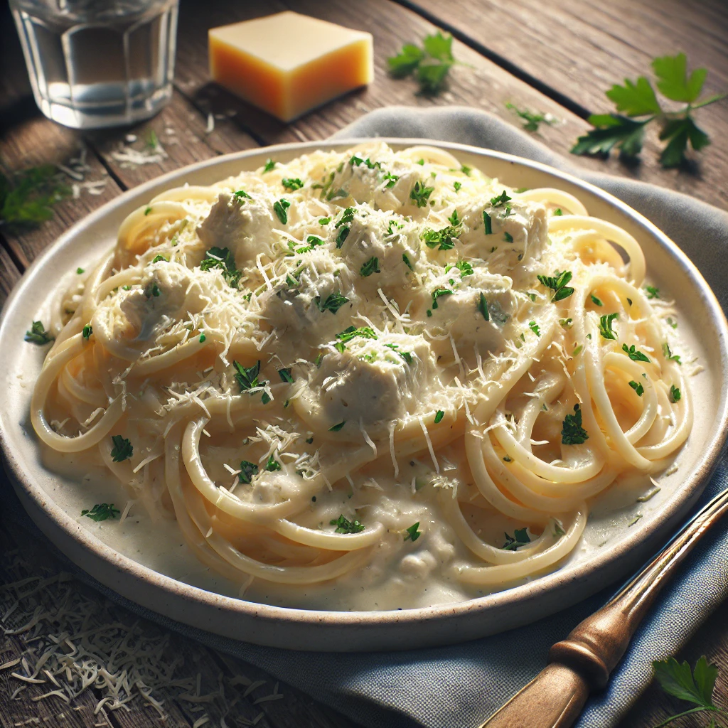 A plate of creamy cottage cheese Alfredo spaghetti garnished with fresh parsley and grated cheese.