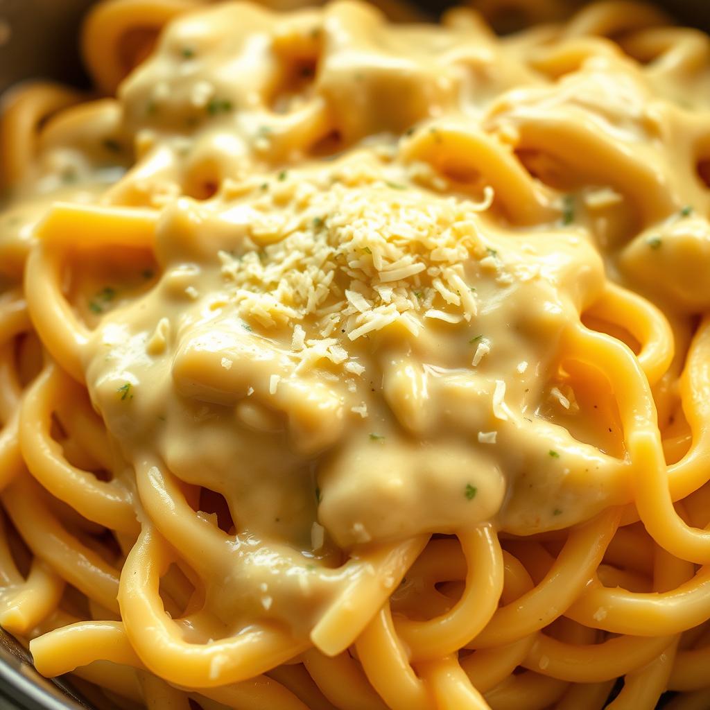 Creamy cottage cheese Alfredo pasta topped with grated cheese.