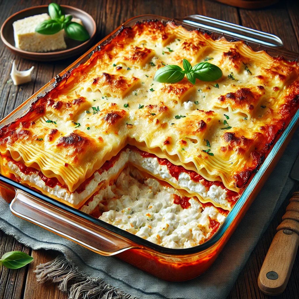 A freshly baked cottage cheese lasagna in a glass baking dish, topped with golden, bubbly cheese and garnished with fresh basil. A slice is cut out, revealing layers of creamy cottage cheese, tomato sauce, and pasta sheets.