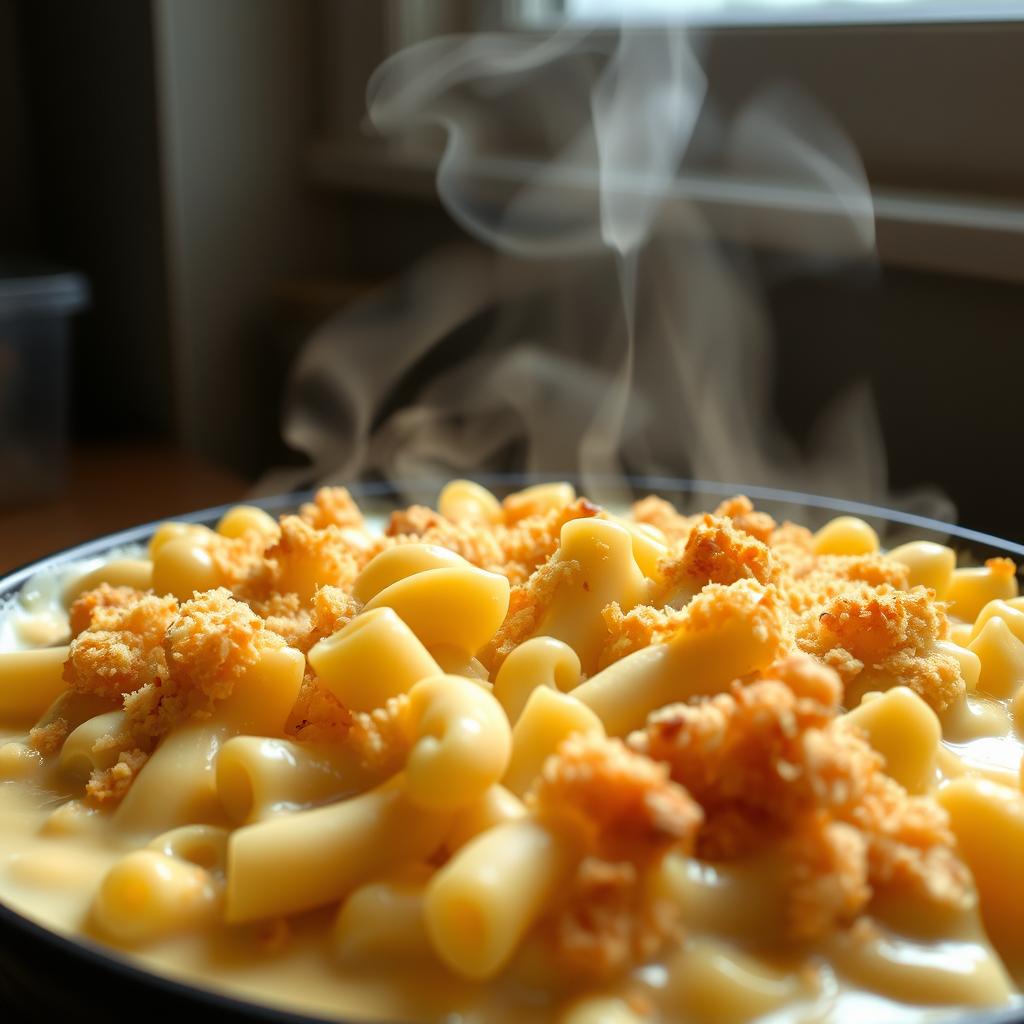 a bowl of Cottage Cheese Mac and Cheese with a golden brown, bubbly crust and steam rising from the dish.