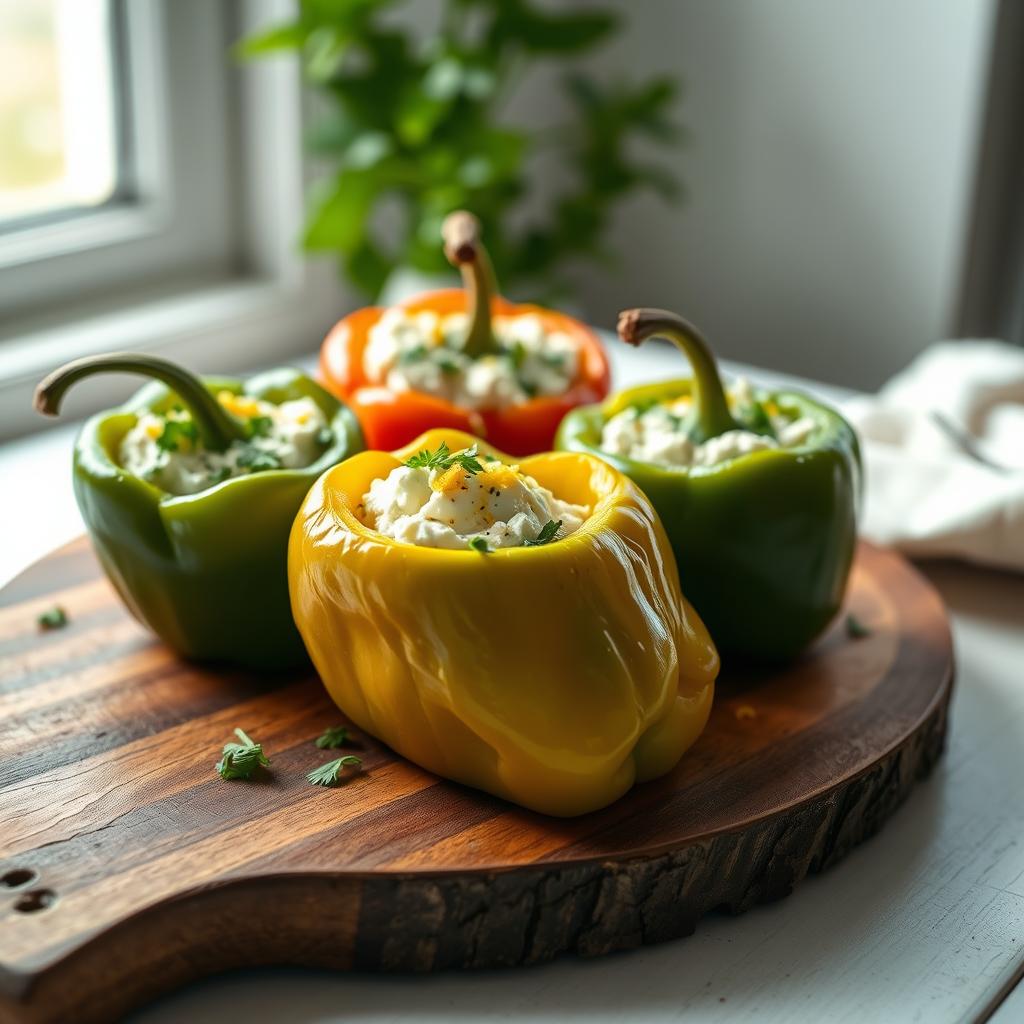 stuffed bell peppers with cottage cheese filling, garnished with herbs