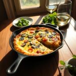 A freshly cooked cottage cheese and vegetable frittata in a black skillet, garnished with black olives, cherry tomatoes, and herbs, placed on a wooden table near a window.