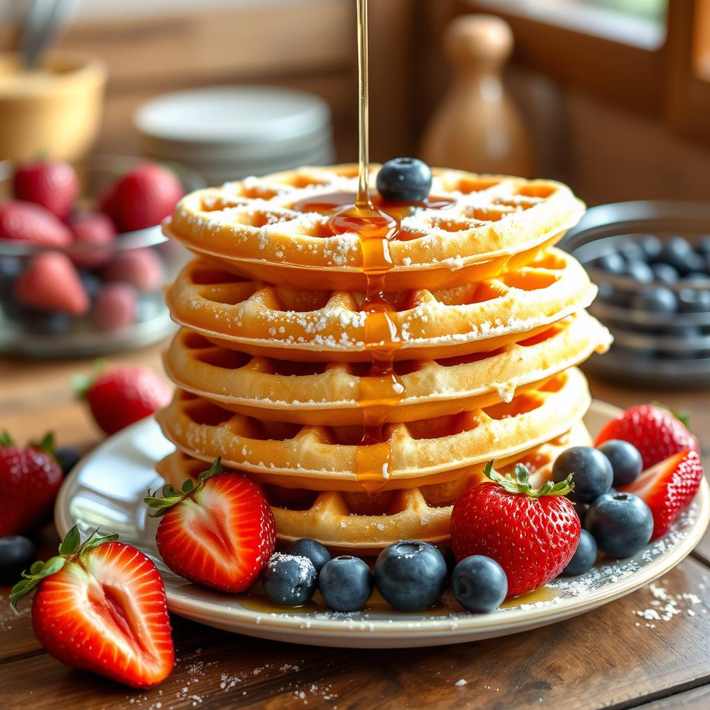 Fluffy golden cottage cheese waffles stacked high, drizzled with maple syrup, and garnished with fresh strawberries and blueberries.