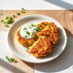 Crispy corn fritters topped with creamy sauce and fresh herbs on a white plate.