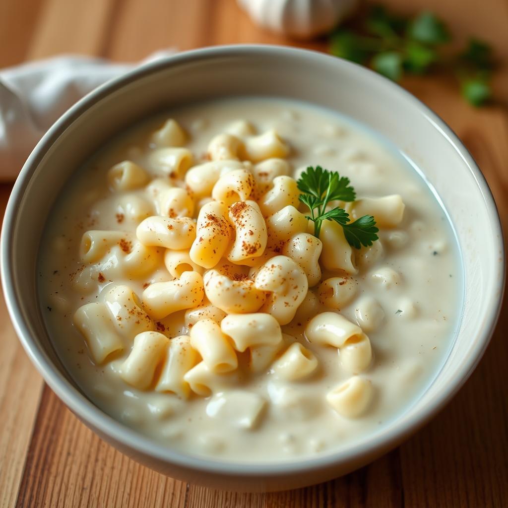 A bowl of creamy Cottage Cheese Mac and Cheese with elbow macaroni in a light sauce, garnished with paprika and a parsley sprig