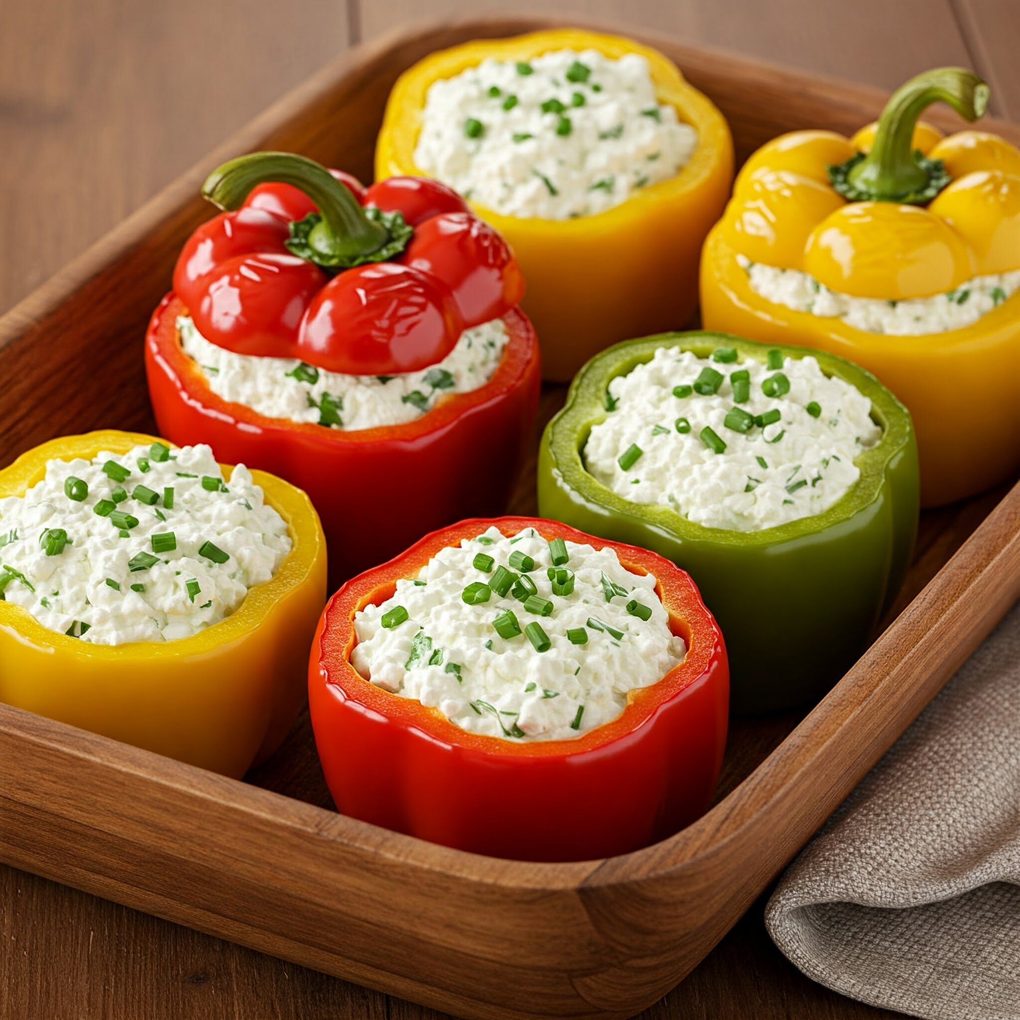 Image of colorful bell peppers stuffed with a creamy filling on a wooden tray.