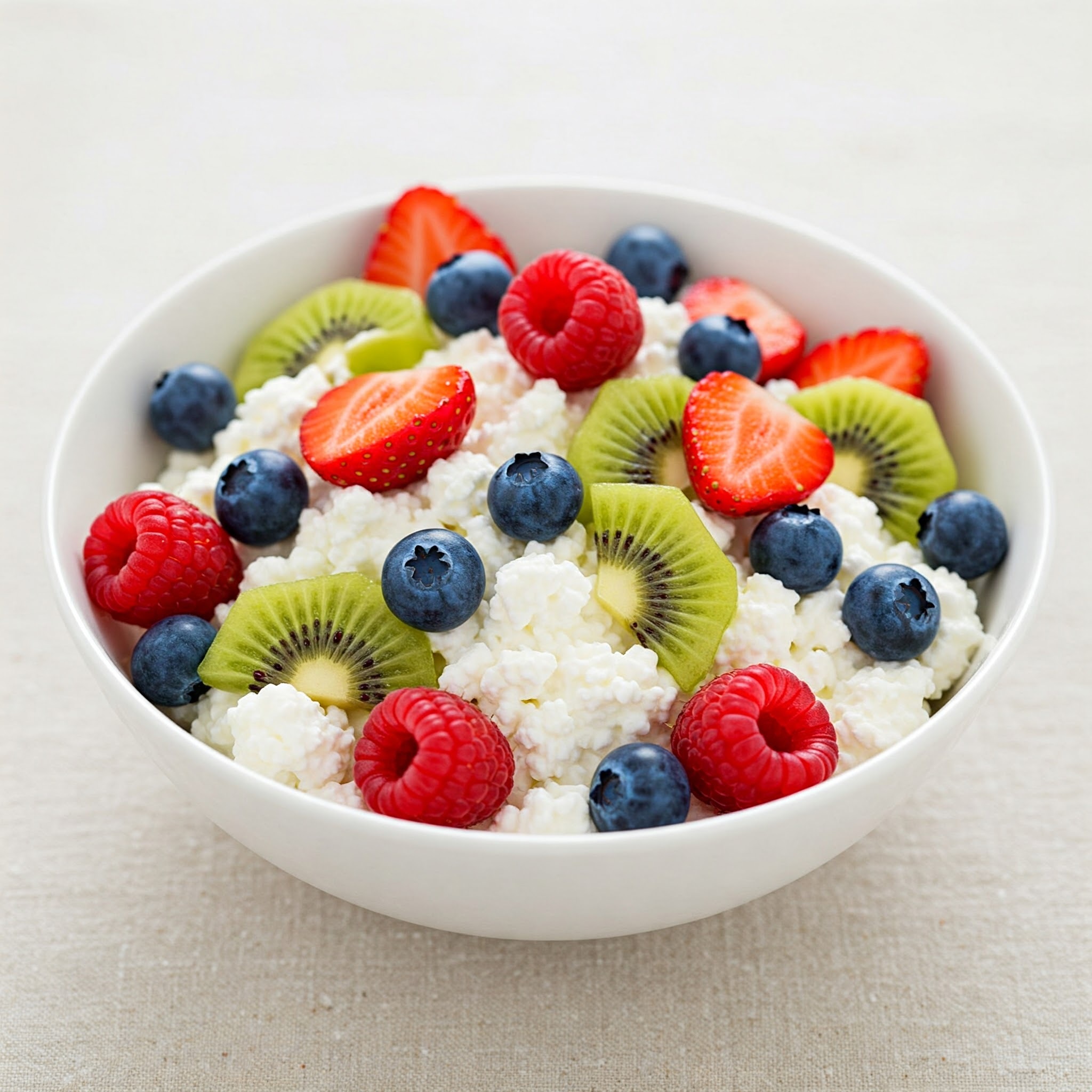  white bowl filled with cottage cheese, topped with sliced strawberries, blueberries, raspberries, and kiwi.