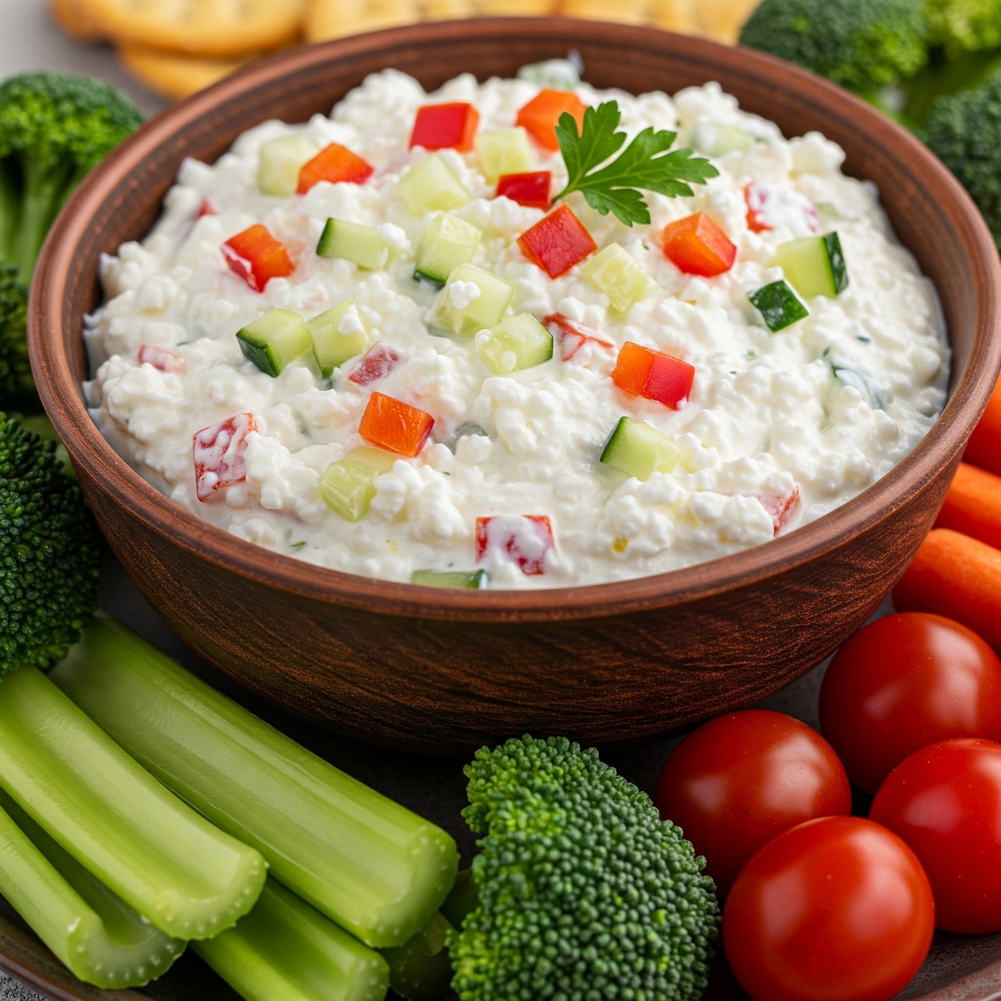 Creamy cottage cheese dip with fresh herbs and vegetables in a wooden bowl.