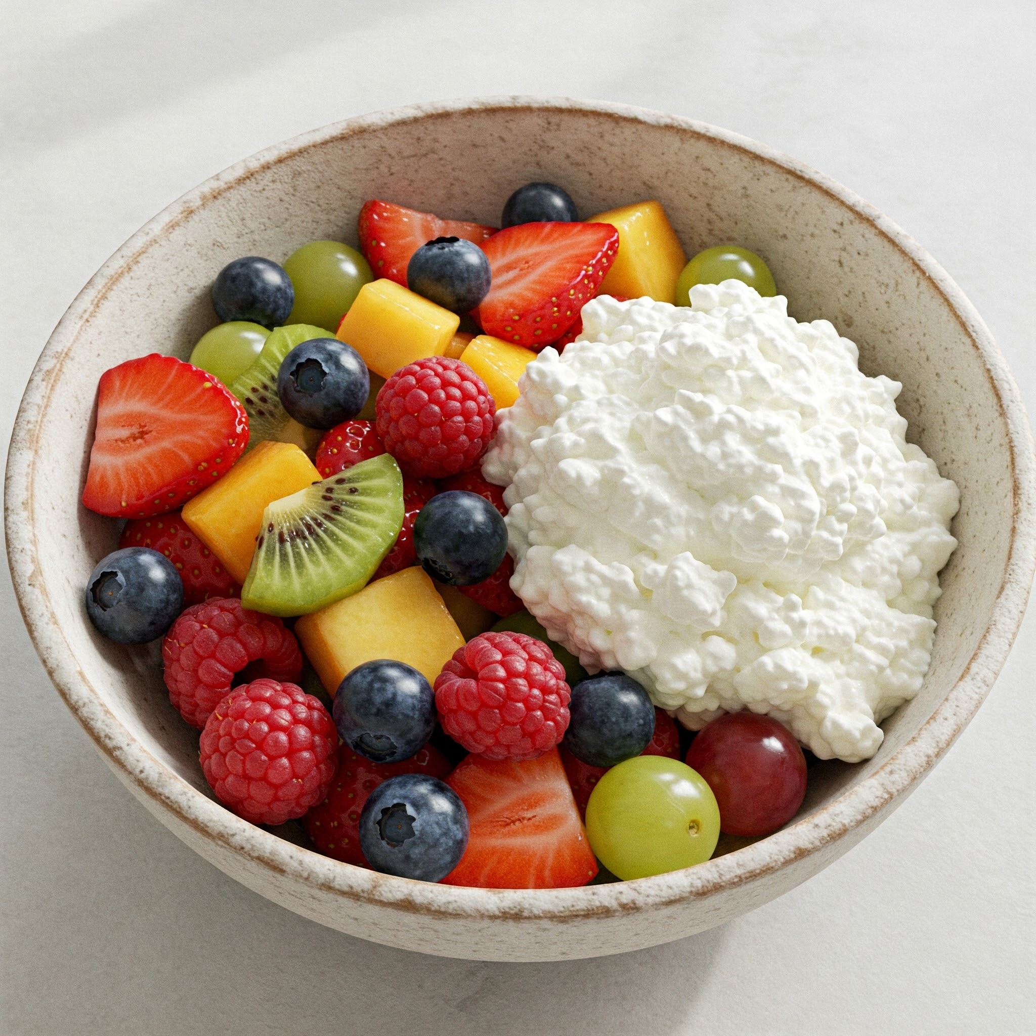 A bowl of cottage cheese with strawberries, blueberries, raspberries, grapes, kiwi, and mango.